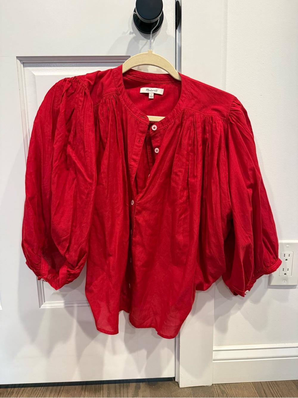Madewell Red Gathered Puff-Sleeve Button Blouse